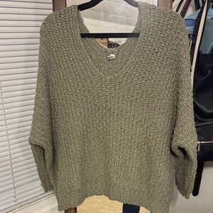Oversized V-Neck Slouchy Chunky Knit Sweater -Olive Green, Sz S/M